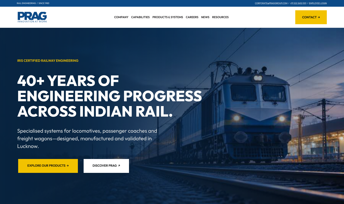 Prag homepage with a train-led introduction