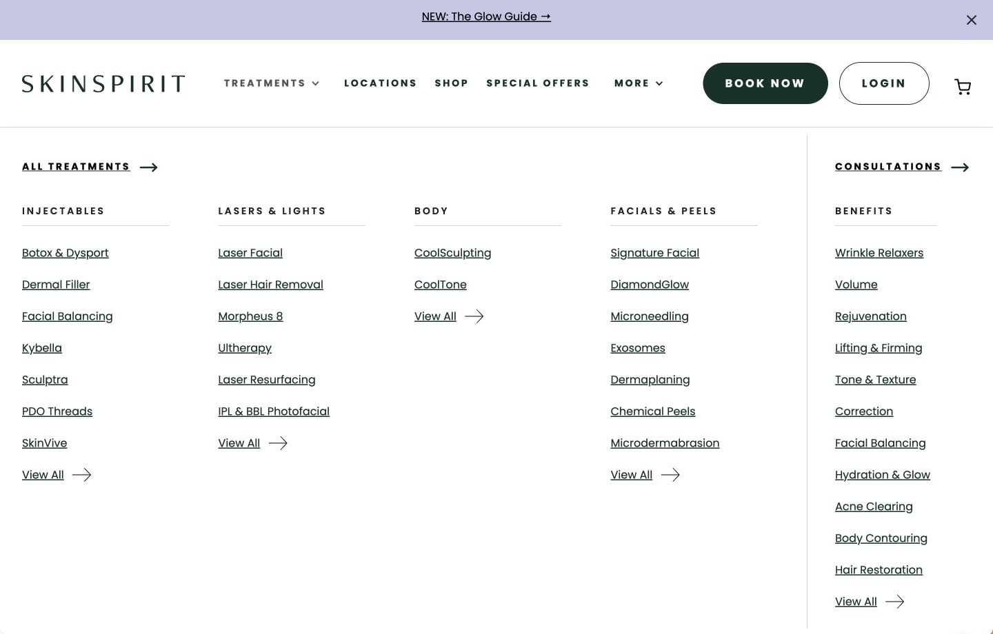 Desktop treatment navigation connects categories, benefits and consultations.