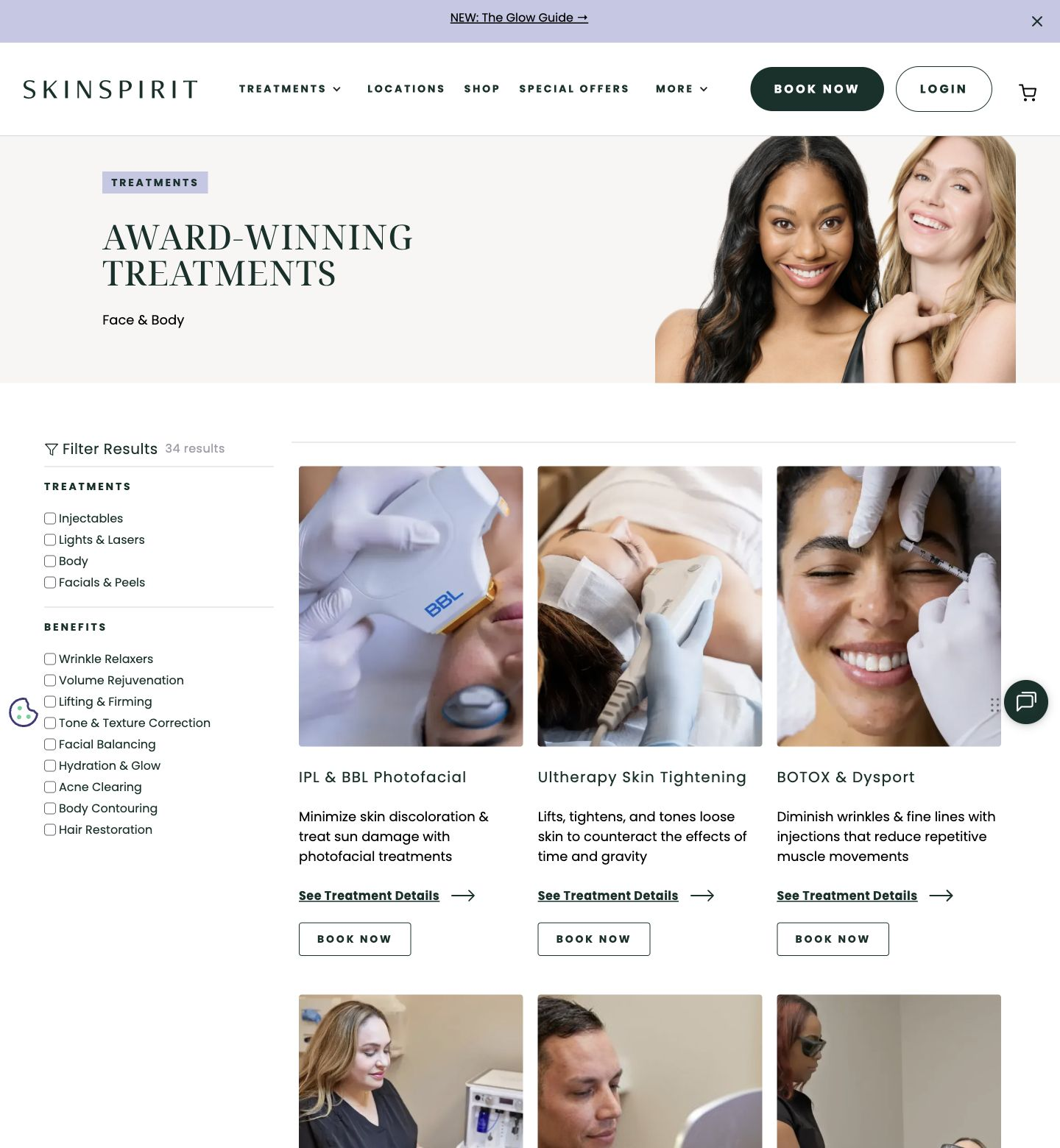 The live treatment catalogue adds category and benefit filters to a visual overview.