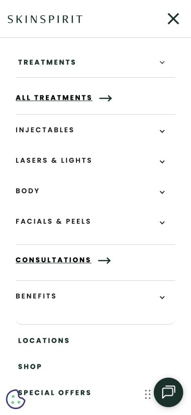Mobile navigation keeps treatment categories and benefits in one expandable menu.