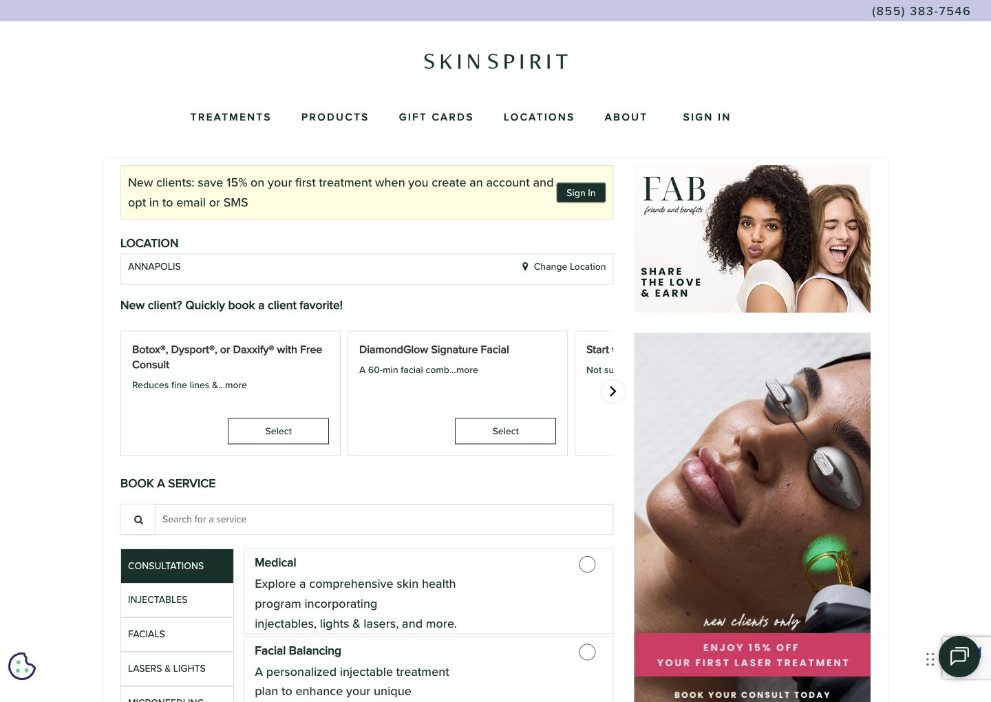 The external Zenoti booking experience opens with the selected clinic in context.